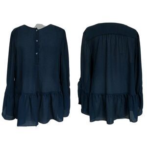 Max Studio Navy Pullover Ruffled Semi Sheer Blouse 3- Button Feminine Sz L NEW